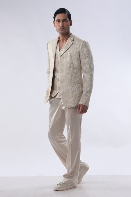 Buy_Kommal Sood_Gold Satin And Embroidered Silk Resham Jacket Trouser Set  