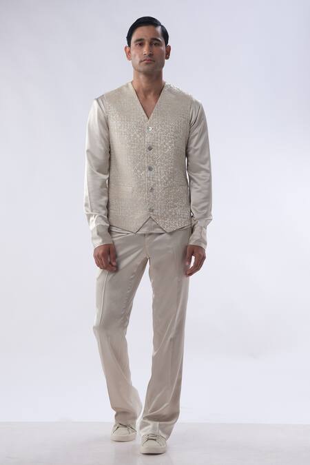 Shop Kommal Sood Gold Satin And Embroidered Silk Resham Waist Coat Trouser Set Online at Aza Fashions Shop_Kommal Sood_Gold Satin And Embroidered Silk Resham Waist Coat Trouser Set _Online_at_Aza_Fashions