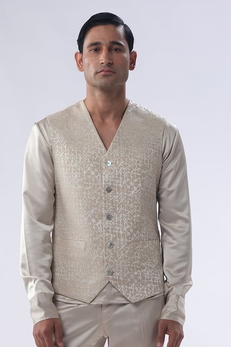 Buy Kommal Sood Gold Satin And Embroidered Silk Resham Waist Coat Trouser Set Buy_Kommal Sood_Gold Satin And Embroidered Silk Resham Waist Coat Trouser Set