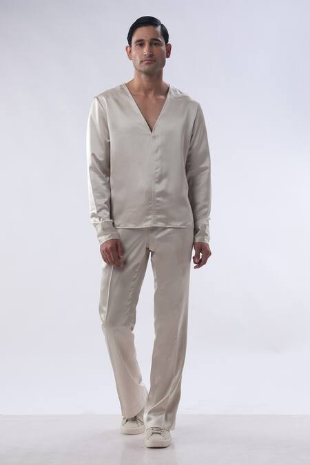 Kommal Sood_Gold Silk And Satin Full Sleeve Jacket Trouser Set  _Online_at_Aza_Fashions