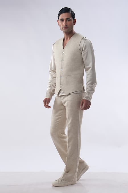 Shop_Kommal Sood_Gold Silk And Satin Sleeveless Waist Coat & Trouser Set  _Online_at_Aza_Fashions