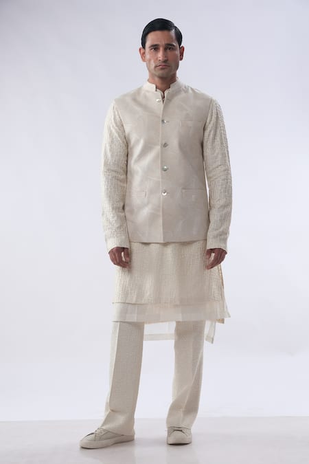 Kommal Sood Off White Chanderi And Cotton Silk Embroidery Resham Waist Coat Kurta Set 