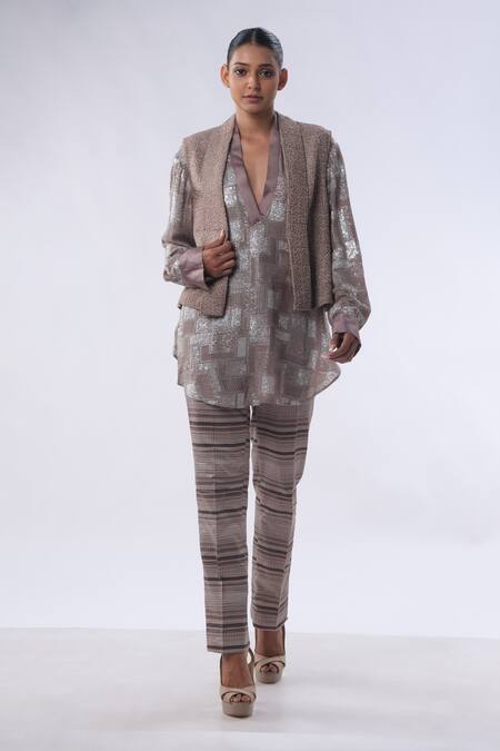 Shop_Kommal Sood_Brown Cotton Geometric Pattern Resham Trouser Set With Waist Coat  _Online_at_Aza_Fashions