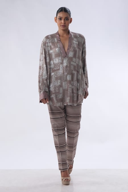 Kommal Sood Geometric Pattern Embroidered Tunic Trouser Set 