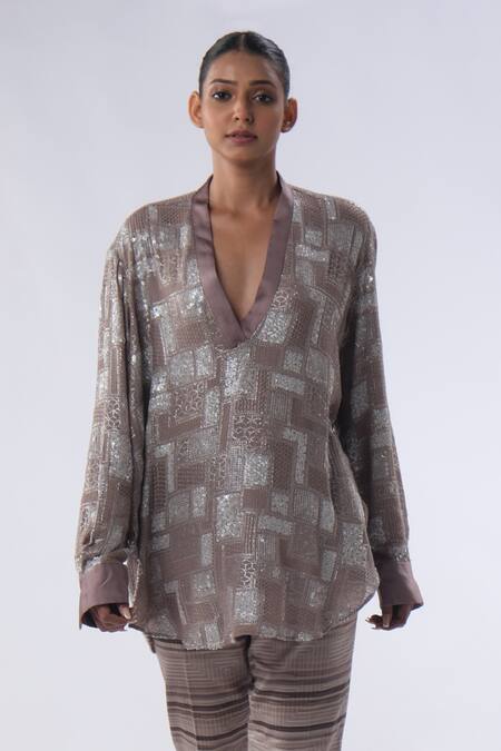 Kommal Sood_Brown Georgette Embroidered Geometric Pattern Tunic Trouser Set  _at_Aza_Fashions