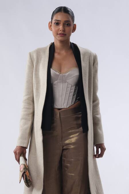 Buy Kommal Sood Beige Silk Organza Embroidered Floral Open Jacket Trouser Set Online at Aza Fashions Buy_Kommal Sood_Beige Silk Organza Embroidered Floral Open Jacket Trouser Set _Online_at_Aza_Fashions