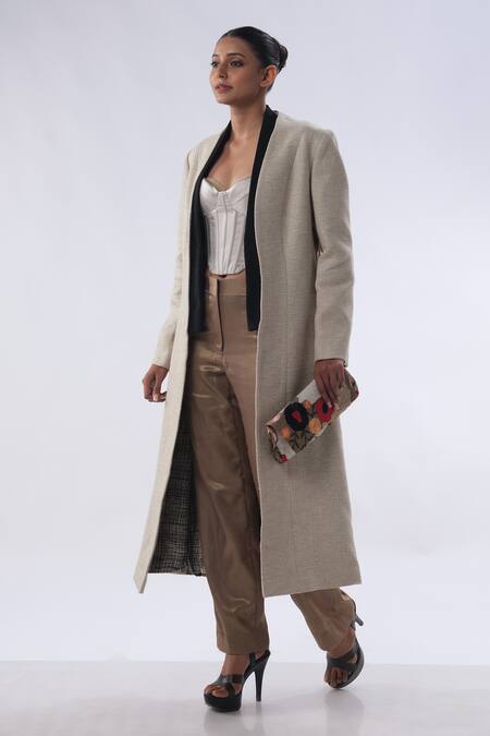 Kommal Sood Beige Silk Organza Embroidered Floral Open Jacket Trouser Set at Aza Fashions Kommal Sood_Beige Silk Organza Embroidered Floral Open Jacket Trouser Set _at_Aza_Fashions