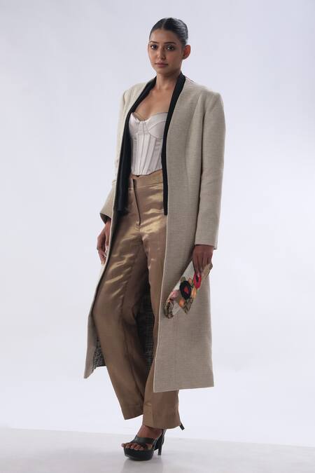 Buy Kommal Sood Beige Silk Organza Embroidered Floral Open Jacket Trouser Set Buy_Kommal Sood_Beige Silk Organza Embroidered Floral Open Jacket Trouser Set