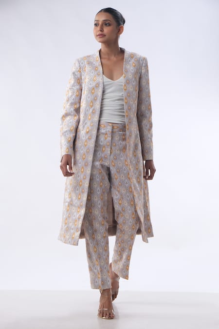 Kommal Sood Off White Jacquard Embroidered Sequin Open Long Jacket With Trouser  