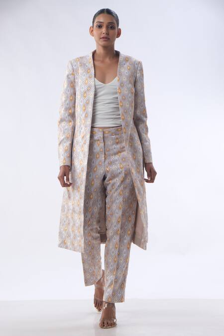 Kommal Sood_Off White Jacquard Embroidered Sequin Open Long Jacket With Trouser  _Online_at_Aza_Fashions