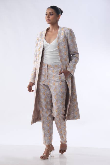 Shop_Kommal Sood_Off White Jacquard Embroidered Sequin Open Long Jacket With Trouser  