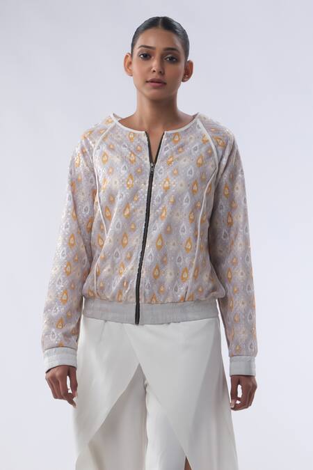 Kommal Sood_Off White Jacquard Embroidered Sequin Long Jacket With Cut-out Trouser  _Online_at_Aza_Fashions