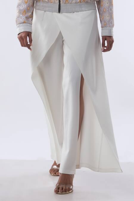 Buy_Kommal Sood_Off White Jacquard Embroidered Sequin Long Jacket With Cut-out Trouser  _Online_at_Aza_Fashions