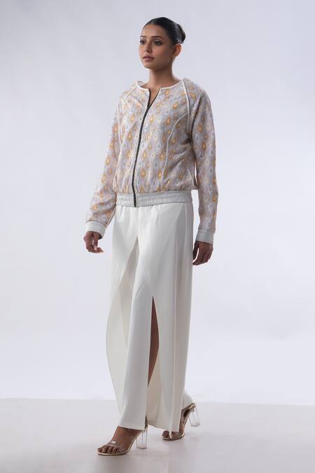 Shop_Kommal Sood_Off White Jacquard Embroidered Sequin Long Jacket With Cut-out Trouser  _Online_at_Aza_Fashions