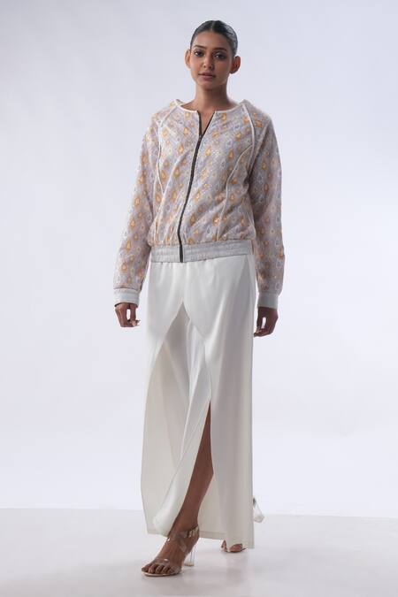 Kommal Sood_Off White Jacquard Embroidered Sequin Long Jacket With Cut-out Trouser  _at_Aza_Fashions