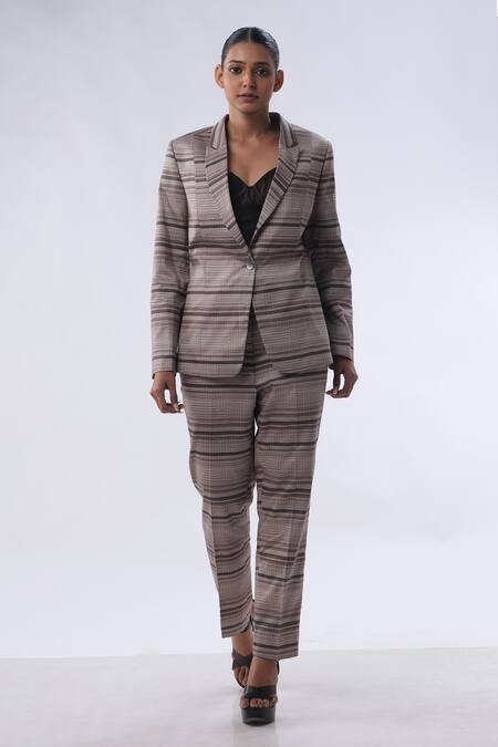 Kommal Sood_Brown Cotton Stripe Lapel Collar Pattern Blazer With Pant  _Online_at_Aza_Fashions