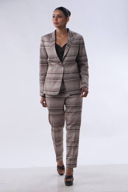 Shop_Kommal Sood_Brown Cotton Stripe Lapel Collar Pattern Blazer With Pant  _Online_at_Aza_Fashions