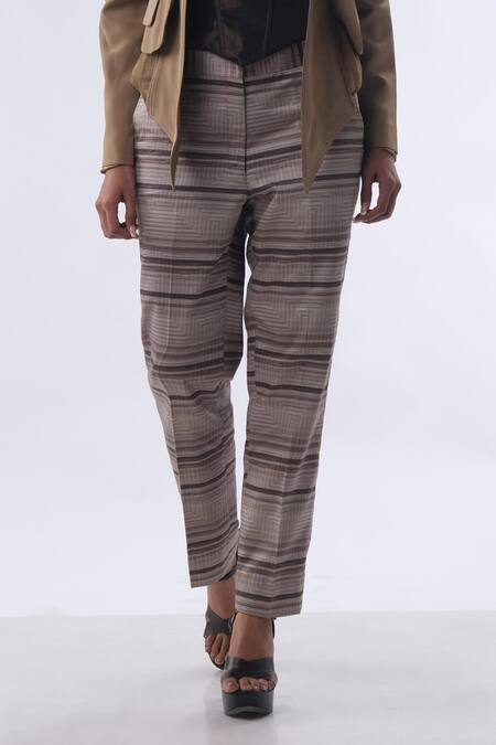Kommal Sood_Beige Cotton Stripe Open Solid Double Layered Jacket With Trouser  _Online_at_Aza_Fashions