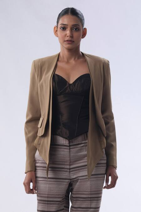 Buy_Kommal Sood_Beige Cotton Stripe Open Solid Double Layered Jacket With Trouser  _Online_at_Aza_Fashions