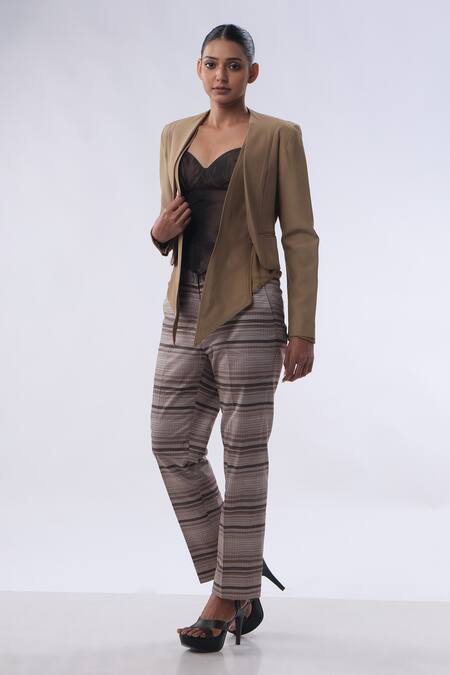 Shop_Kommal Sood_Beige Cotton Stripe Open Solid Double Layered Jacket With Trouser  _Online_at_Aza_Fashions