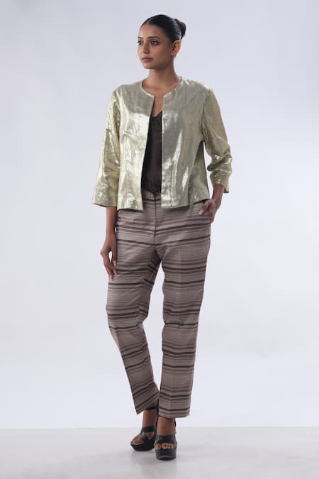 Shop_Kommal Sood_Gold Sequence Sitting Embellished Sequin Short Jacket With Trouser  _Online_at_Aza_Fashions