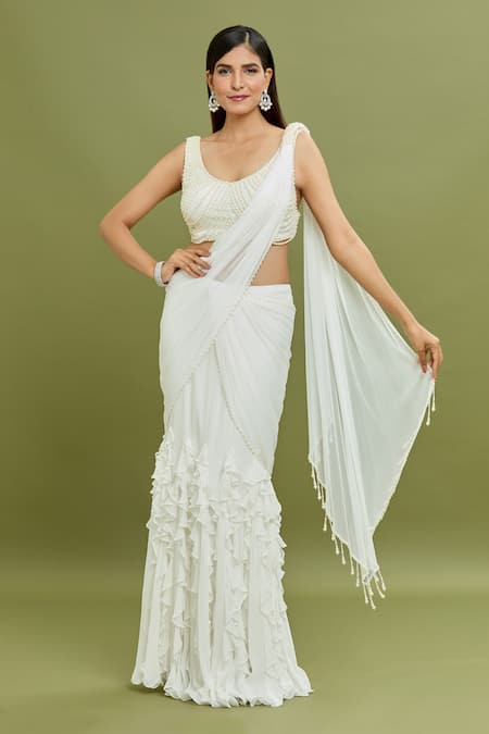 ARPAN VOHRA Ivory Georgette Embroidered Pearl Frill Ruffle Pre-draped Saree With Blouse 