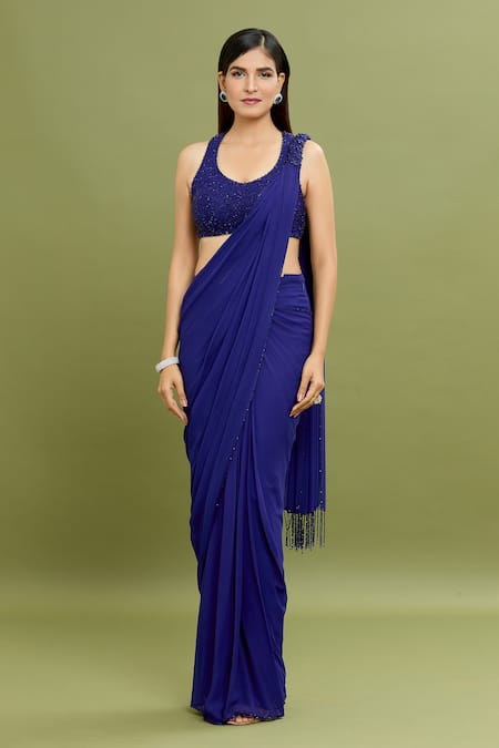 Arpan Vohra_Blue Georgette Cut Work, Cutdana Embroidered Pallu Pre-draped Saree With Blouse _Online_at_Aza_Fashions