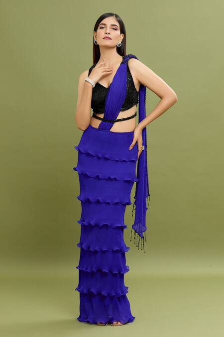 Arpan Vohra_Blue Georgette Sequins, Beads, Tassels Pre-draped Saree With Racer Back Blouse _Online_at_Aza_Fashions