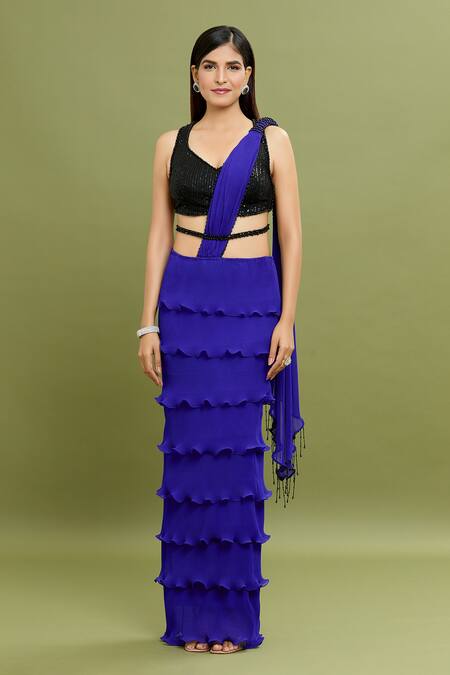 Shop_Arpan Vohra_Blue Georgette Sequins, Beads, Tassels Pre-draped Saree With Racer Back Blouse _Online_at_Aza_Fashions