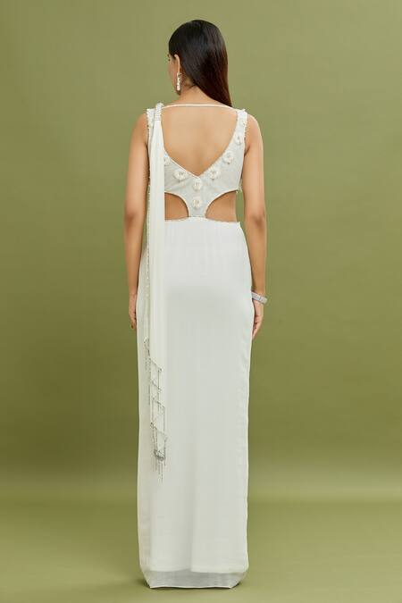 Shop_Arpan Vohra_Ivory Georgette Pearls, Sequins, Tassels Plunge Neck Embroidered Gown Saree _at_Aza_Fashions