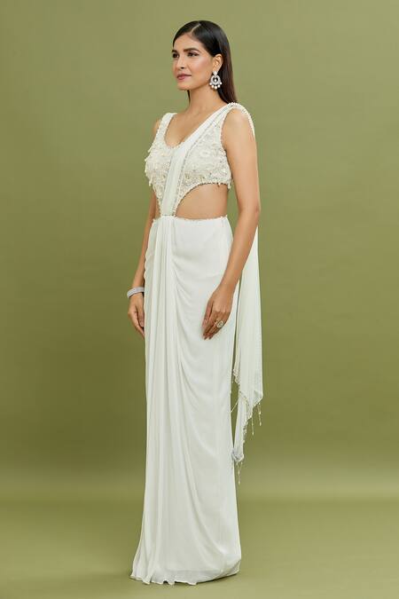 Arpan Vohra_Ivory Georgette Pearls, Sequins, Tassels Plunge Neck Embroidered Gown Saree _Online_at_Aza_Fashions