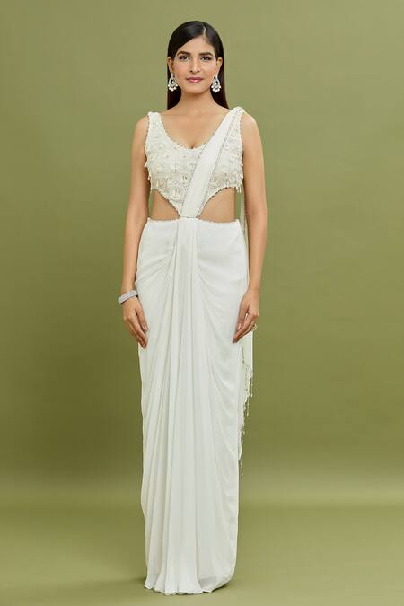 Buy_Arpan Vohra_Ivory Georgette Pearls, Sequins, Tassels Plunge Neck Embroidered Gown Saree _Online_at_Aza_Fashions