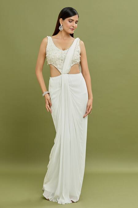 Shop_Arpan Vohra_Ivory Georgette Pearls, Sequins, Tassels Plunge Neck Embroidered Gown Saree _Online_at_Aza_Fashions