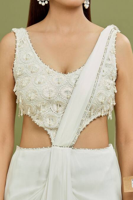 Arpan Vohra_Ivory Georgette Pearls, Sequins, Tassels Plunge Neck Embroidered Gown Saree _at_Aza_Fashions