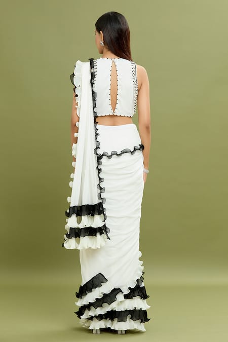 Arpan Vohra Pearl Embroidered Pre-Draped Ruffle Saree With Blouse 