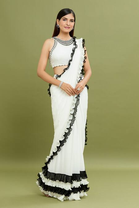 Arpan Vohra_Ivory Georgette Ruffles, Pearls Round Embroidered Pre-draped Saree With Blouse _Online_at_Aza_Fashions