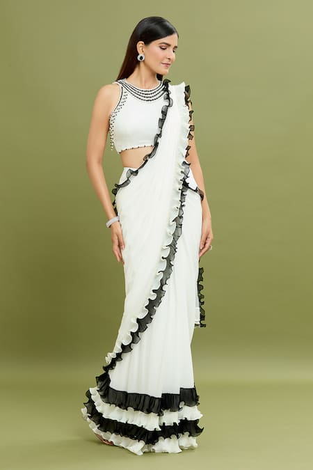 Buy_Arpan Vohra_Ivory Georgette Ruffles, Pearls Round Embroidered Pre-draped Saree With Blouse _Online_at_Aza_Fashions