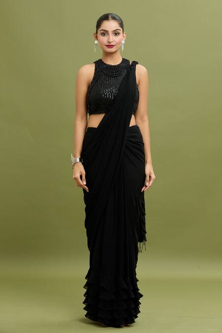 Arpan Vohra_Black Georgette Embroidery, Sequins, Pearls Hem Pre-draped Saree With Blouse _Online_at_Aza_Fashions