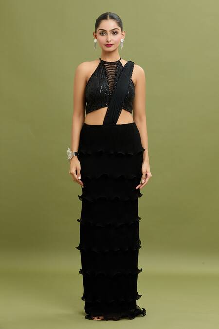 Arpan Vohra_Black Georgette Pearls, Sequins Tiered Ruffle Pre-draped Saree With Blouse _Online_at_Aza_Fashions