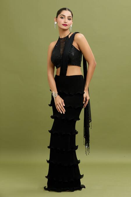 Buy_Arpan Vohra_Black Georgette Pearls, Sequins Tiered Ruffle Pre-draped Saree With Blouse _Online_at_Aza_Fashions