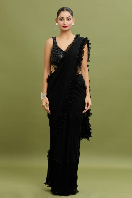 Arpan Vohra_Black Georgette Pearls, Sequins, Ruffle Frill Pre-draped Saree With Blouse _Online_at_Aza_Fashions
