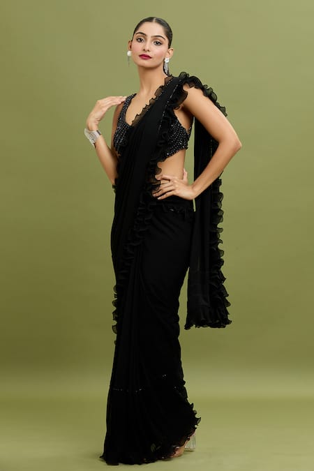 Buy_Arpan Vohra_Black Georgette Pearls, Sequins, Ruffle Frill Pre-draped Saree With Blouse _Online_at_Aza_Fashions