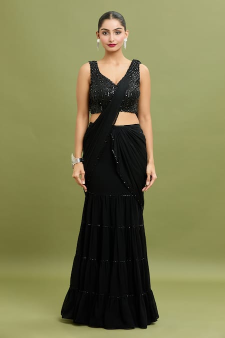 Arpan Vohra_Black Georgette Sequins, Salli Embroidered Tiered Lehenga Saree With Blouse _Online_at_Aza_Fashions