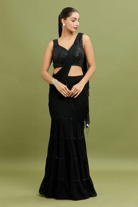 Shop_Arpan Vohra_Black Georgette Sequins, Salli Embroidered Tiered Lehenga Saree With Blouse _Online_at_Aza_Fashions