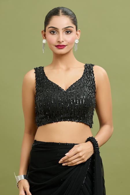 Buy_Arpan Vohra_Black Georgette Sequins, Salli Embroidered Tiered Lehenga Saree With Blouse 