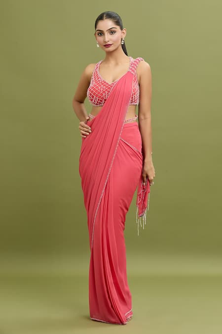 ARPAN VOHRA Bead Embroidered Hem Pre-Draped Saree With Blouse 