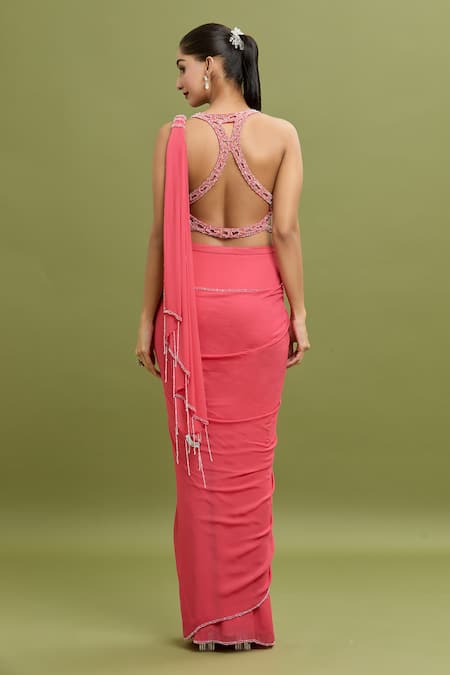 Arpan Vohra Bead Embroidered Hem Pre-Draped Saree With Blouse 