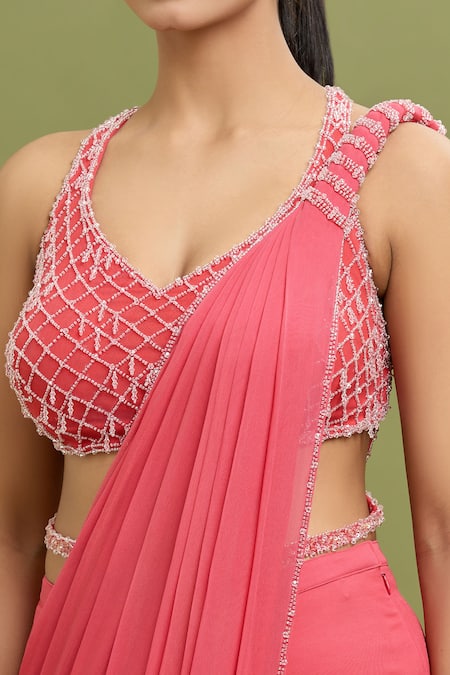 Buy_Arpan Vohra_Coral Georgette Beads, Sequins, Embroidered Hem Pre-draped Saree With Blouse _Online_at_Aza_Fashions