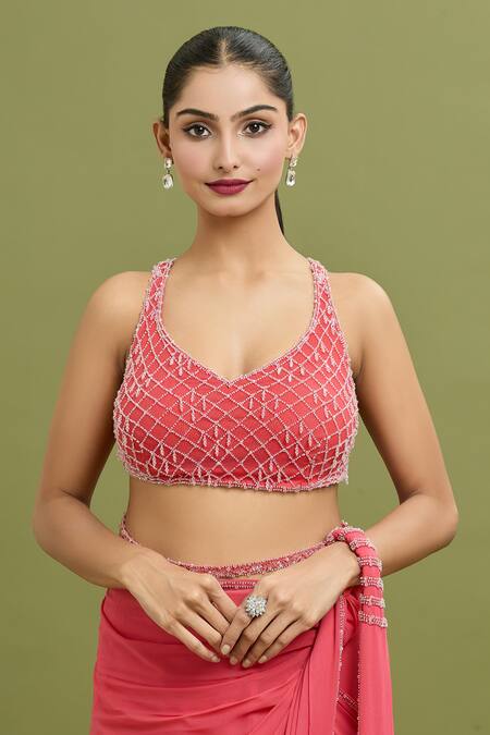 Shop_Arpan Vohra_Coral Georgette Beads, Sequins, Embroidered Hem Pre-draped Saree With Blouse _Online_at_Aza_Fashions