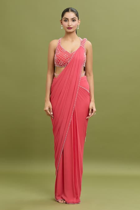 Arpan Vohra_Coral Georgette Beads, Sequins, Embroidered Hem Pre-draped Saree With Blouse _at_Aza_Fashions